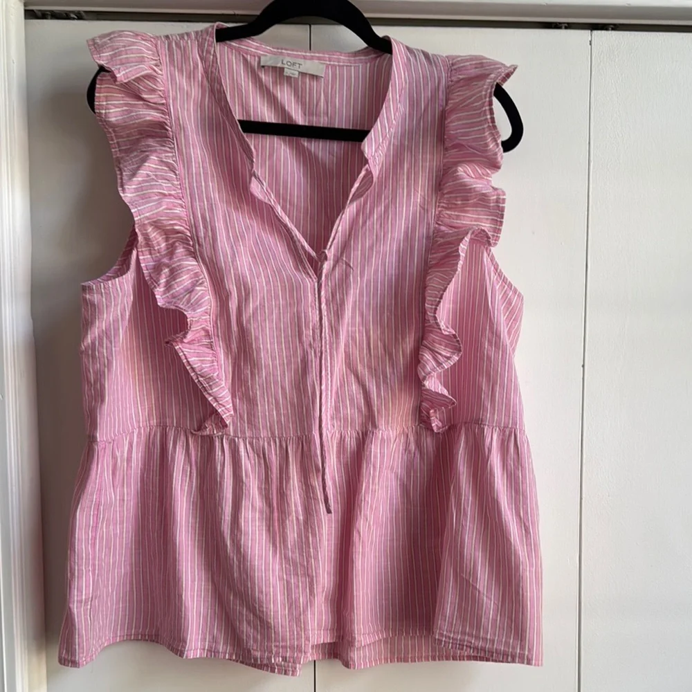 Loft Pink Striped Ruffle Top - Picture 1 of 3